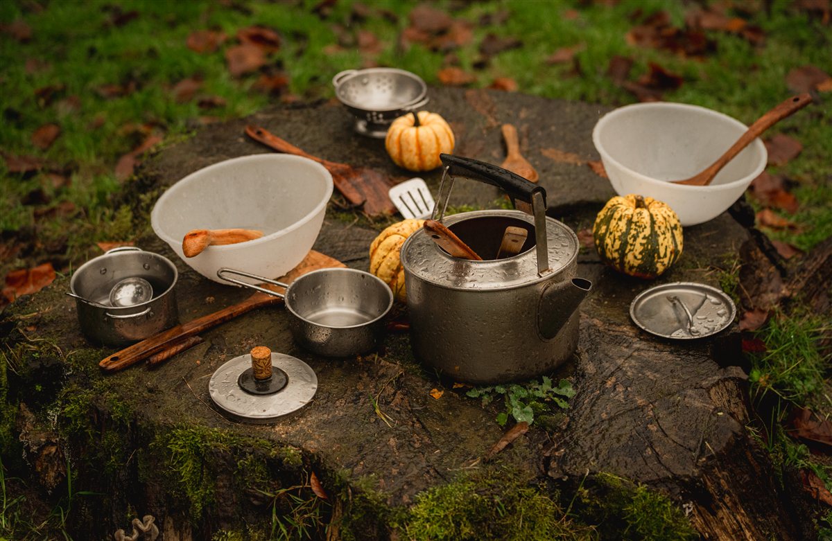 Cuisine de la nature installée sur une souche moussue : casseroles, bols, louches en bois et petites courges parmi les feuilles mortes